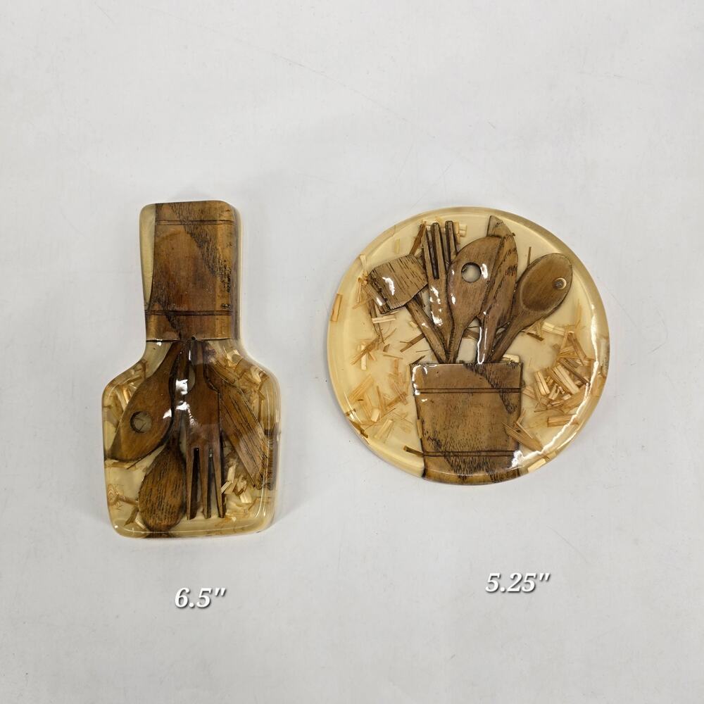 Vintage 70s Lucite Resin Wood Inlay Trivet Spoon Rest Set MCM‎ Retro Kitchen